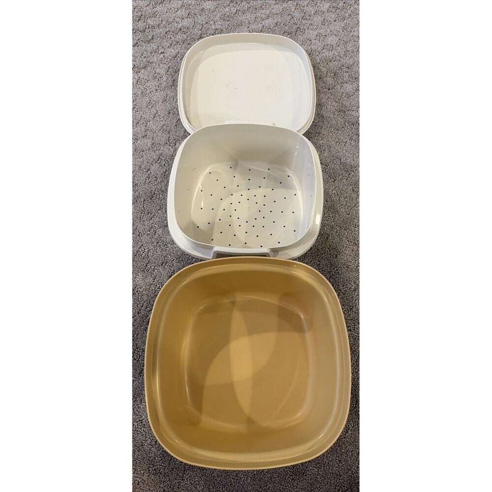 Vintage Tupperware Steam N Store Harvest Gold Bowl Lid Strainer 3 Piece Set